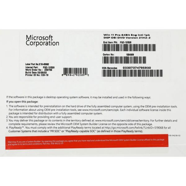 Операционная система Microsoft Windows 11 Pro Eng Intl, 64 bit, Eng, DVD, OEM [fqc-10528]
